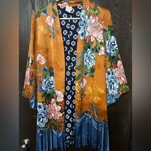Chicos Drama Printed Kimono Sz 1 Medium Floral Open Front Bell Sleeves Cardigan